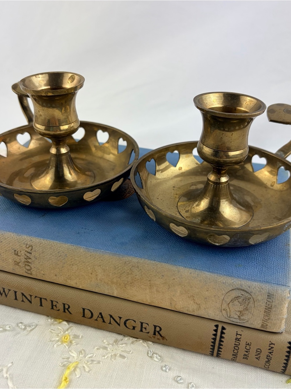 Brass Heart Pierced Chamberstick Candle Holders - Brass
